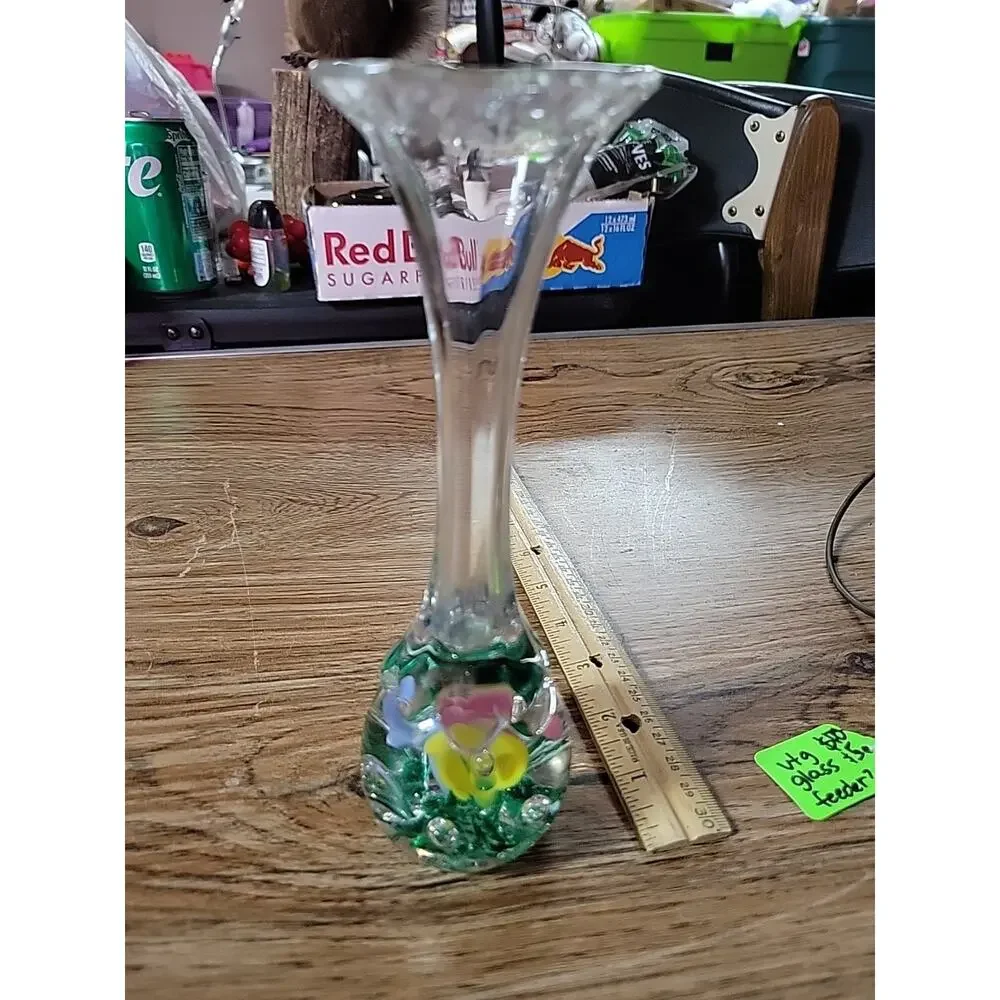Vintage Retro Blue Yellow Glass Pink Trumpet Floral Paperweight Vase